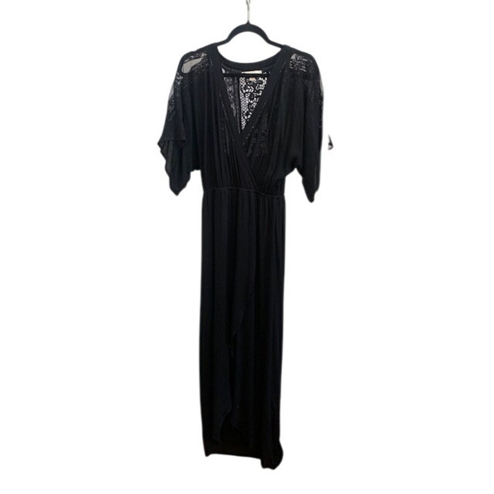 LOVESTITCH Black Lace Trimmed Boho Maxi Dress Kimono Sleeve Elastic Waist Size S